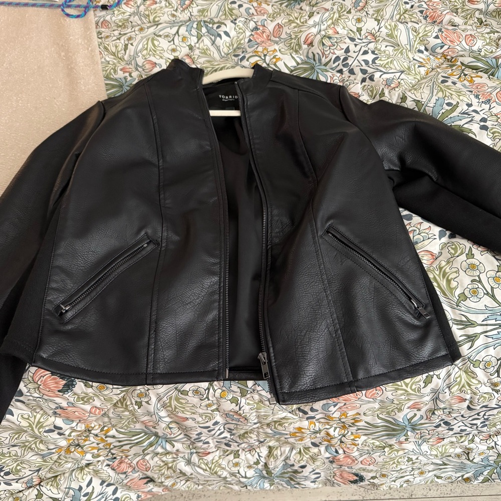 Torrid Black Leather Jacket Cropped Collarless Design